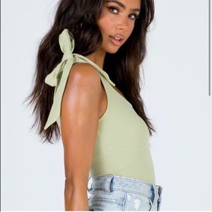 Princess Polly Green Ribbed Shoulder Tie Bodysuit